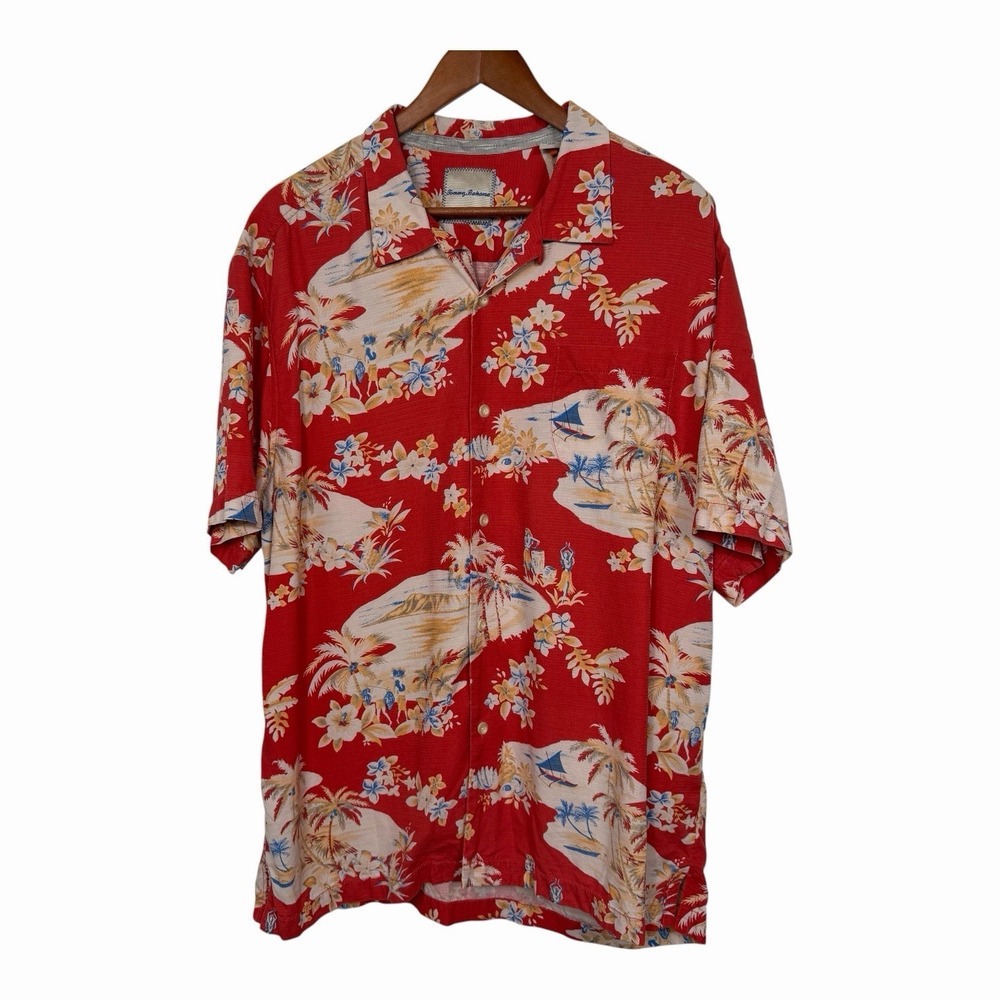 Tommy Bahama Shirt Mens XL Red Silk Floral Hawaiian Camp Button Front Aloha